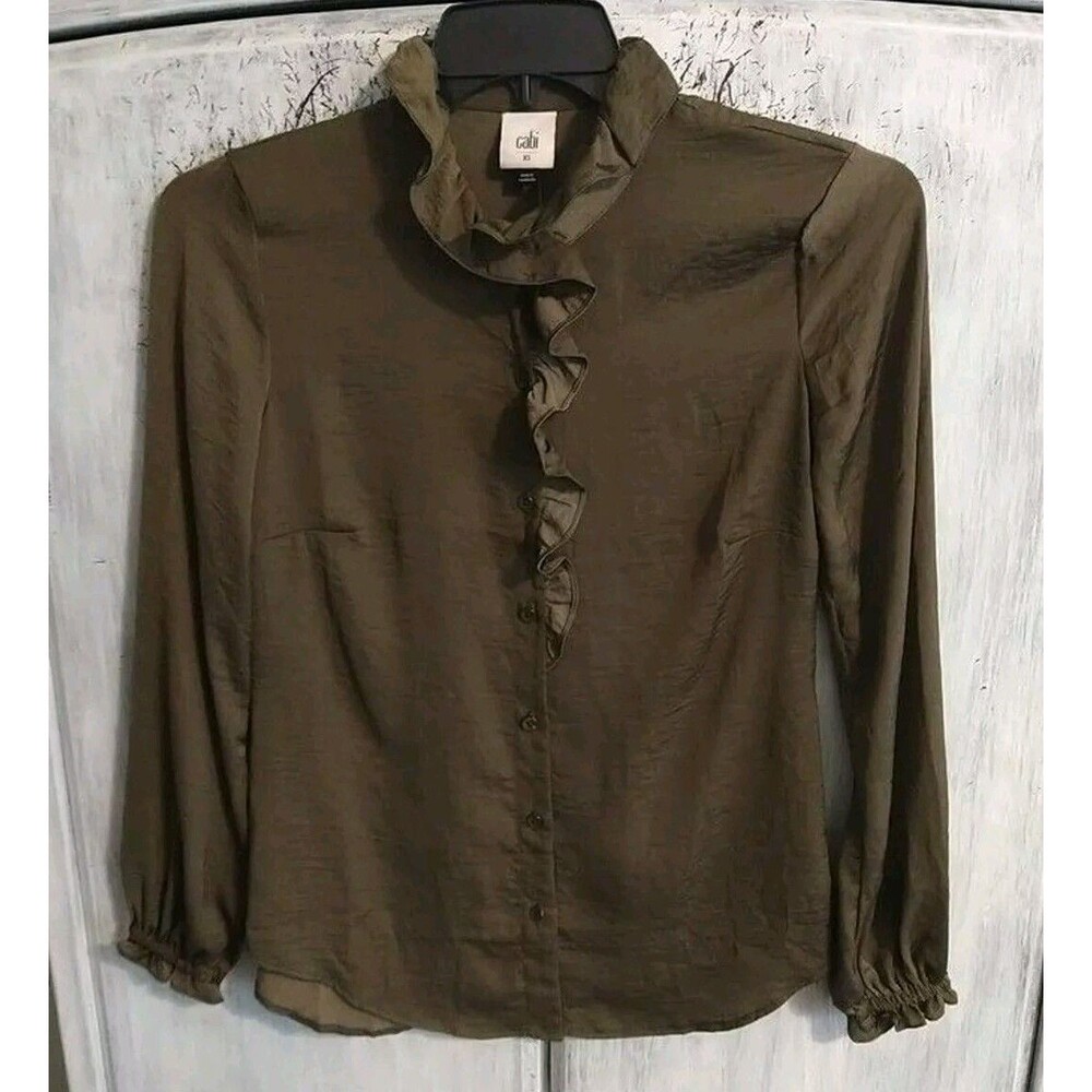 Cabi  Ruffled Collar Blouse Olive Green  Xs Boho Peasant Preppy